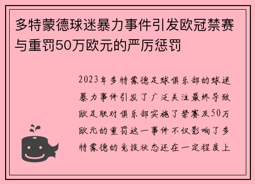 多特蒙德球迷暴力事件引发欧冠禁赛与重罚50万欧元的严厉惩罚